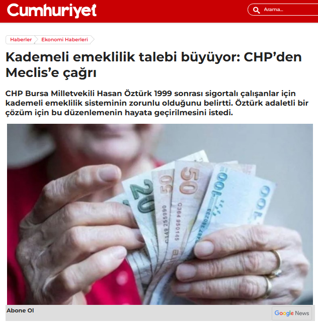 mvhasanozturk's tweet photo. İşe 1 gün geç başladı diye kimse 17-20 yıl fazladan çalışmaya mahkum edilemez. TBMM gündemine taşıdığımız kademeli emeklilik konusu ulusal basında geniş yer buldu. 

Kademeli emeklilik bir zorunluluktur, sosyal adaletin bir gereğidir. Bu nedenle biz bu işin de takipçisiyiz.

#KademeliAcilKomisyona 
#KademeyeAcilçözüm 
#kademeanayasalhaktır
#KademeAcilKomisyona
#KademeErkenSeçimistiyor

@adilemeklilik
@EmadDernegi
@mihribanugurluu