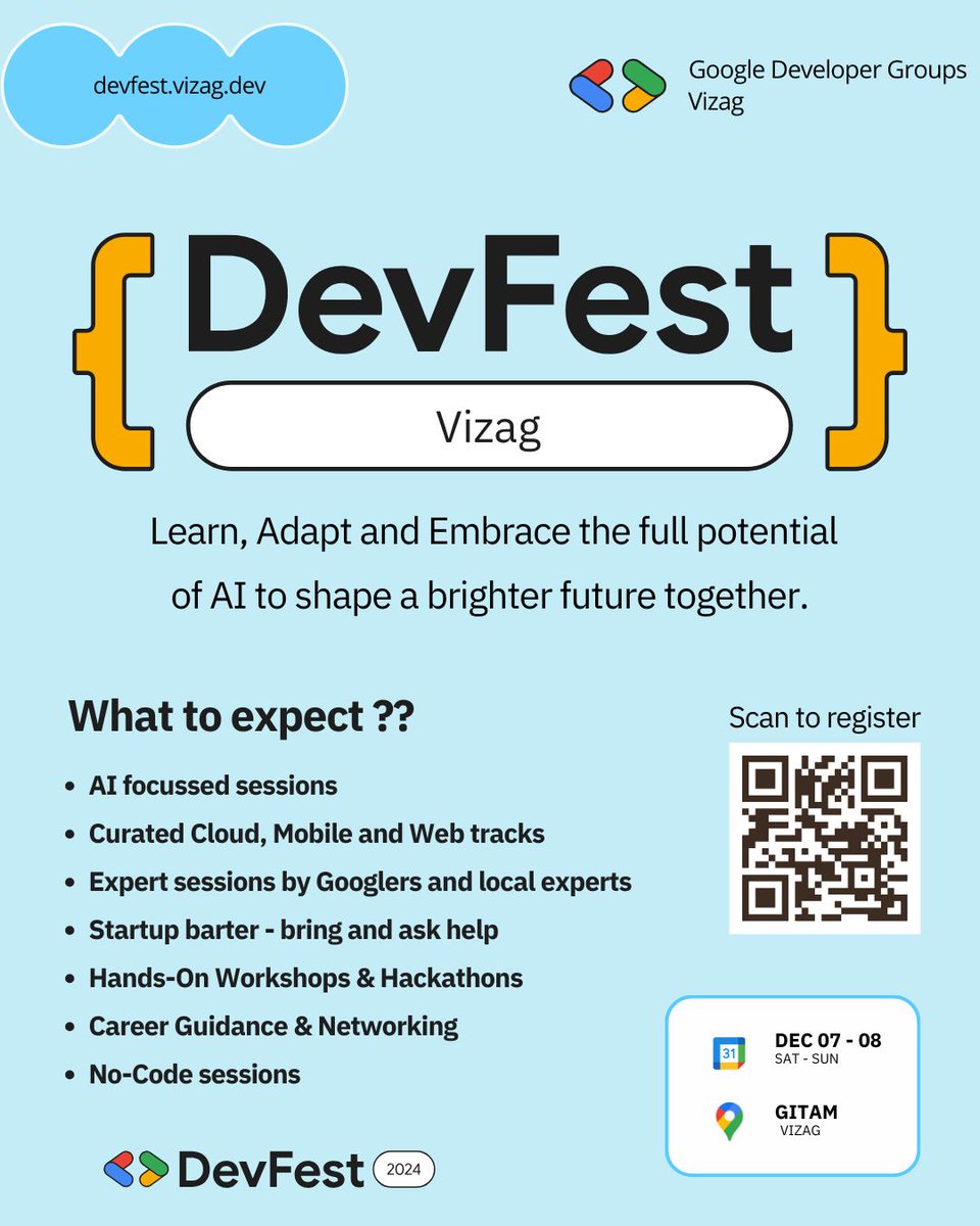 🚀 Registrations are officially OPEN! 🎉 Don’t miss your chance to be part of DevFest 2024 on Dec 7-8. It’s time to level up your tech game—grab your spot today! 💻🎟

#DevFest2024 #RegisterNow #TechCommunity #tech #goggledevfest