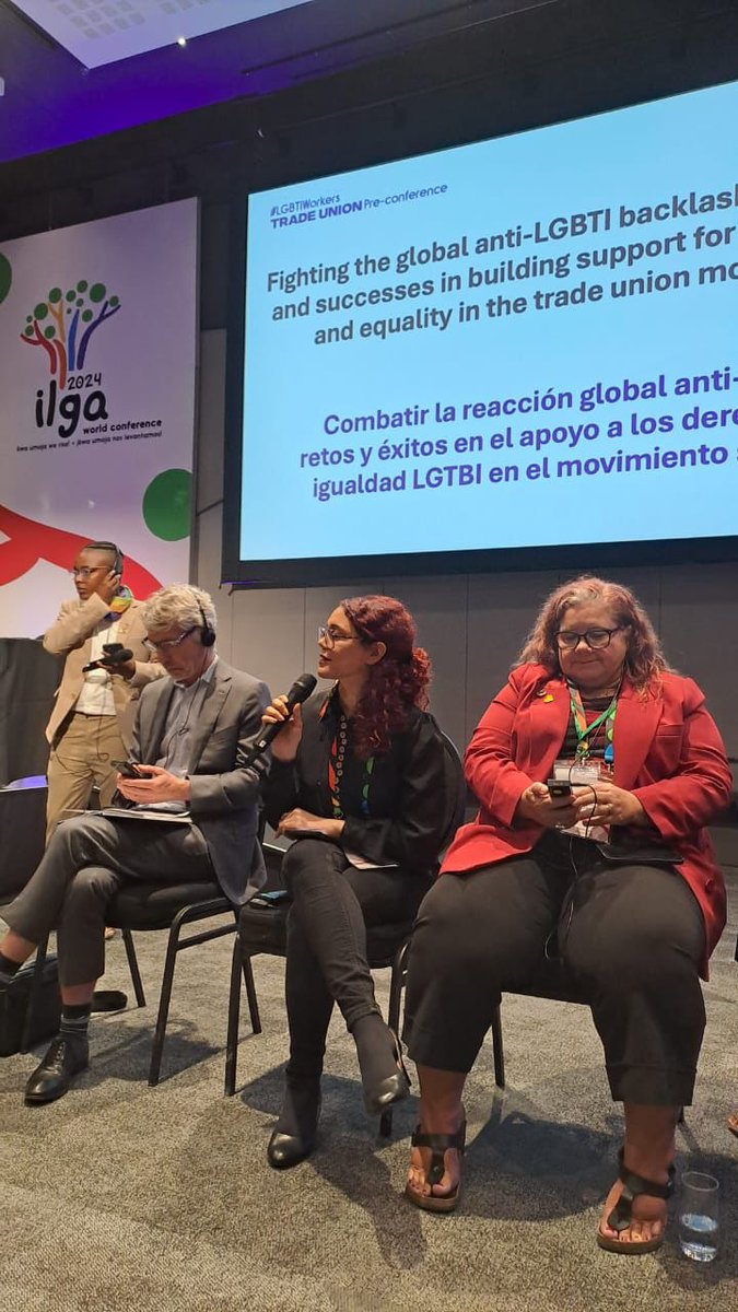 ituc's tweet photo. 🌍✊🏳️‍🌈 At the @ILGAWORLD Pre-Conference (Nov 11), global unions united against anti-LGBTI backlash in “Fighting the Global Anti-LGBTI Backlash” panel!

Speakers, including @JordaniaUrena04 from ITUC, shared challenges & wins in building #LGBTI rights and equality within the trade union movement. 🗣️💪

Together, we're advancing inclusion and solidarity across borders. 🌈🤝 #LGBTIWorkers #UnionStrong

Find out more: https://t.co/JfAUbBAI1e