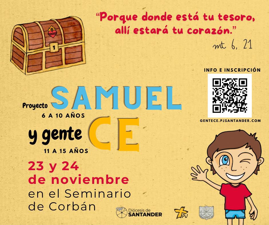 Desde la Pastoral con Jóvenes de la Diócesis se nos invita a animar a nuestros más pequeños de entre 6 y 15 años a participar del encuentro del Proyecto Samuel y Gente Ce. 🥳🥳

¿CUÁNDO? El fin de semana del 23 y 24 de noviembre ⏱️

¿DÓNDE? En el Seminario de Monte Corbán. 📍