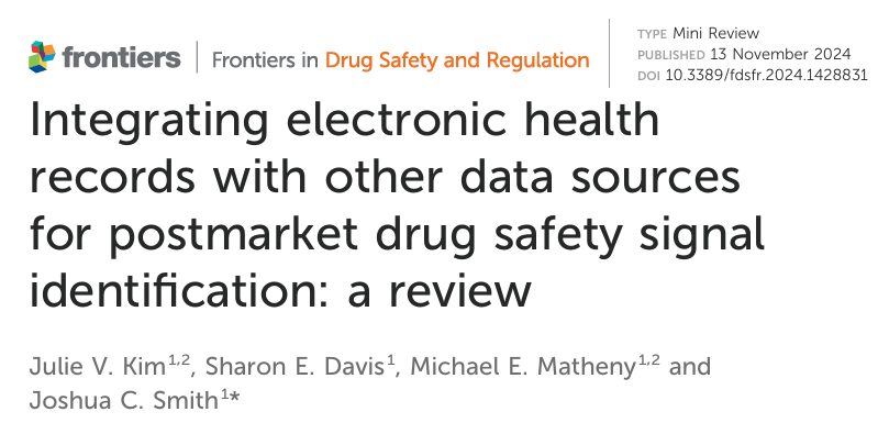 Michael Matheny (@michaelematheny) on Twitter photo Interested in a current state summary of EHR data integration with other sources for post-market medication safety signal identification? Come check out our recent mini-review, and great work by Julie Kim, <a href="/Sharon_E_Davis/">Sharon E Davis</a> Joshua Smith!
frontiersin.org/articles/10.33… @vumcdbmi Interested in a current state summary of EHR data integration with other sources for post-market medication safety signal identification? Come check out our recent mini-review, and great work by Julie Kim, <a href="/Sharon_E_Davis/">Sharon E Davis</a> Joshua Smith!
frontiersin.org/articles/10.33… @vumcdbmi
