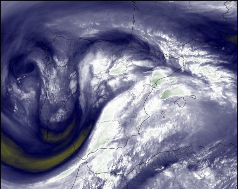 Storm_Malaga's tweet photo. Lejos de mejorar la situación, esta podría volverse crítica durante la tarde, cuando el máximo de viento en altura de la #DANA se vaya acercando a #Málaga (línea amarilla). Este máximo de viento confluirá con abundante humedad en superficie, dando lugar a nuevas precipitaciones. https://t.co/G1uL5cmnVP