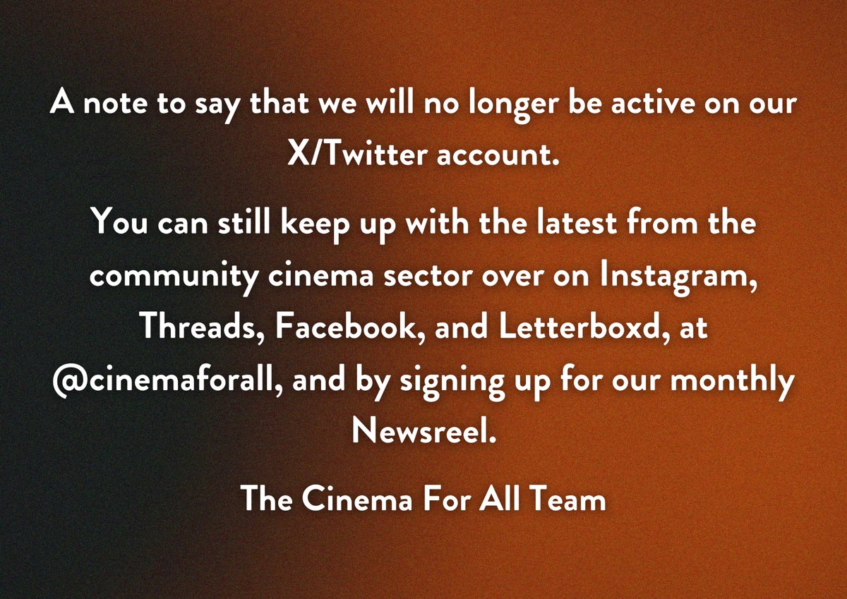As of this week we will no longer be active on our X/Twitter account.

Sign up to our monthly Newsreel to receive the latest news and opportunities from the world of community cinema and beyond straight to your inbox 📨: bit.ly/3xXvRr5