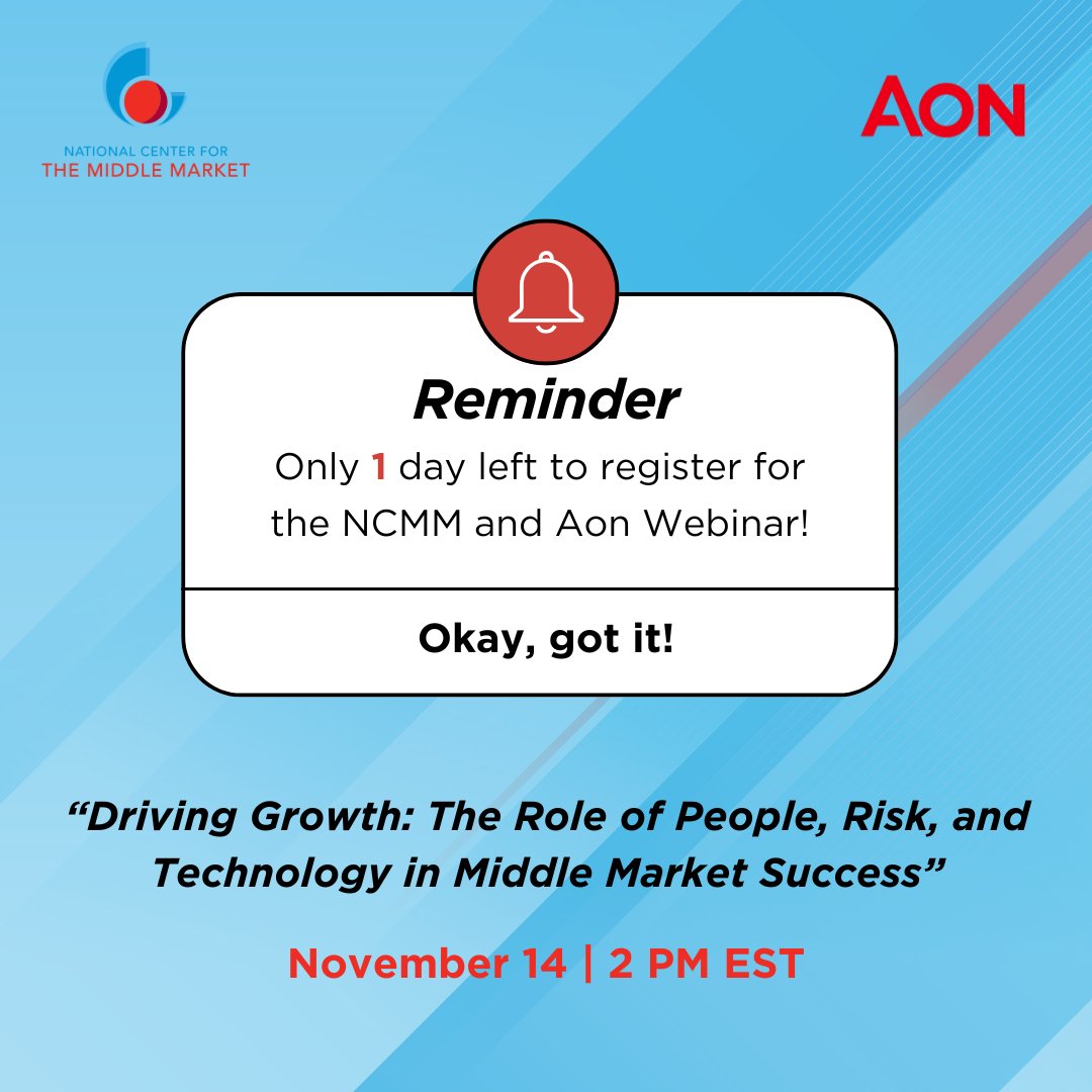 There is only one day left to register for the NCMM and Aon Webinar. Learn from industry experts about the vital role that people, risk, and technology play in achieving success and scaling growth in the middle market.

Link to Register:
osu.zoom.us/webinar/regist…