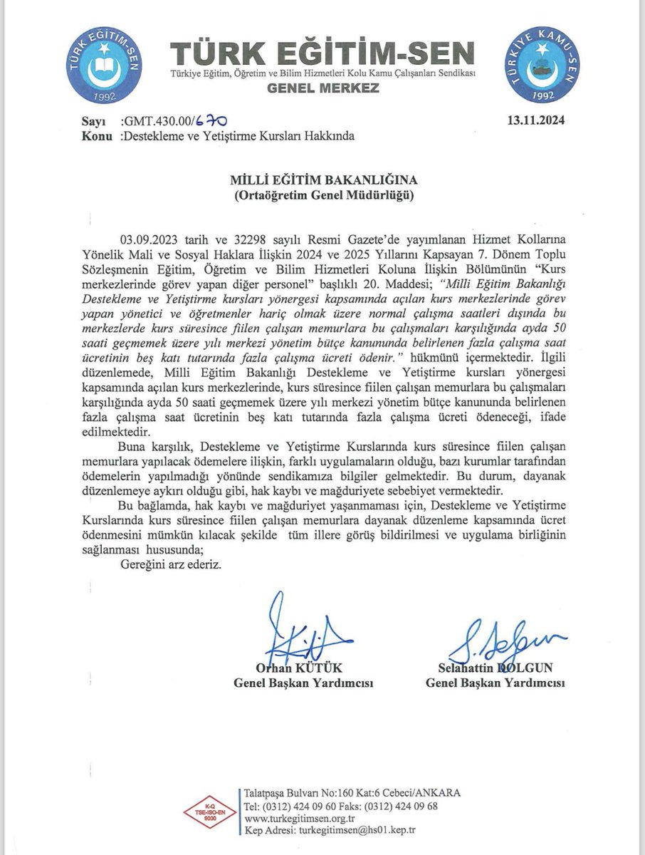 TalipGeylan06's tweet photo. DYK’DA GÖREV ALAN MEMURLARA ÜCRET ÖDENMELİDİR

Türk Eğitim-Sen olarak;  Destekleme ve Yetiştirme Kurslarında kurs süresince fiilen çalışan memurlara dayanak düzenleme kapsamında ücret ödenmesini mümkün kılacak şekilde tüm illere görüş bildirilmesi ve uygulama birliğinin sağlanması hususunda, @tcmeb ’e talepte bulunduk.