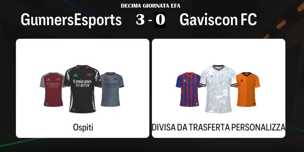 ⚽ GunnersEsports 3 - 0 Gaviscon FC

Marcatori:
GunnersEsports: Redbbullred (32'), 
Enzusanblu (66') (73')

Gunners trionfano! Vittoria per 3-0. Un’altra prestazione dominante che consolida la loro posizione in classifica.
Per la squadra dei Gaviscon una sconfitta mal digerita.