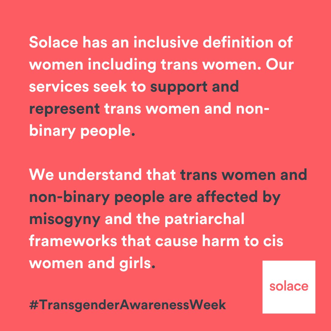 SolaceWomensAid's tweet photo. Today marks the start of #TransgenderAwarenessWeek, Solace proudly stands in solidarity with the transgender and gender-diverse communities. If you or someone you love is in need of help, Solace is here.

Find out more about our work https://t.co/epJ4kdMvYf https://t.co/tu4YPTKC9B
