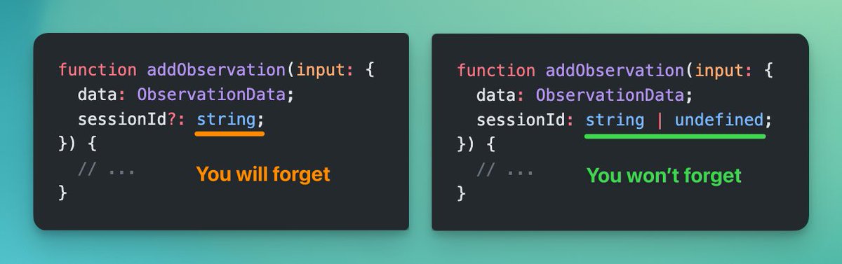 DavidKPiano's tweet image. TypeScript tip: stop using optional properties so much in your internal app logic.
❌ prop?: string;
✅ prop: string | undefined;
Being explicit about undefined values eliminates the silent bugs that happen when you forget to provide a value.