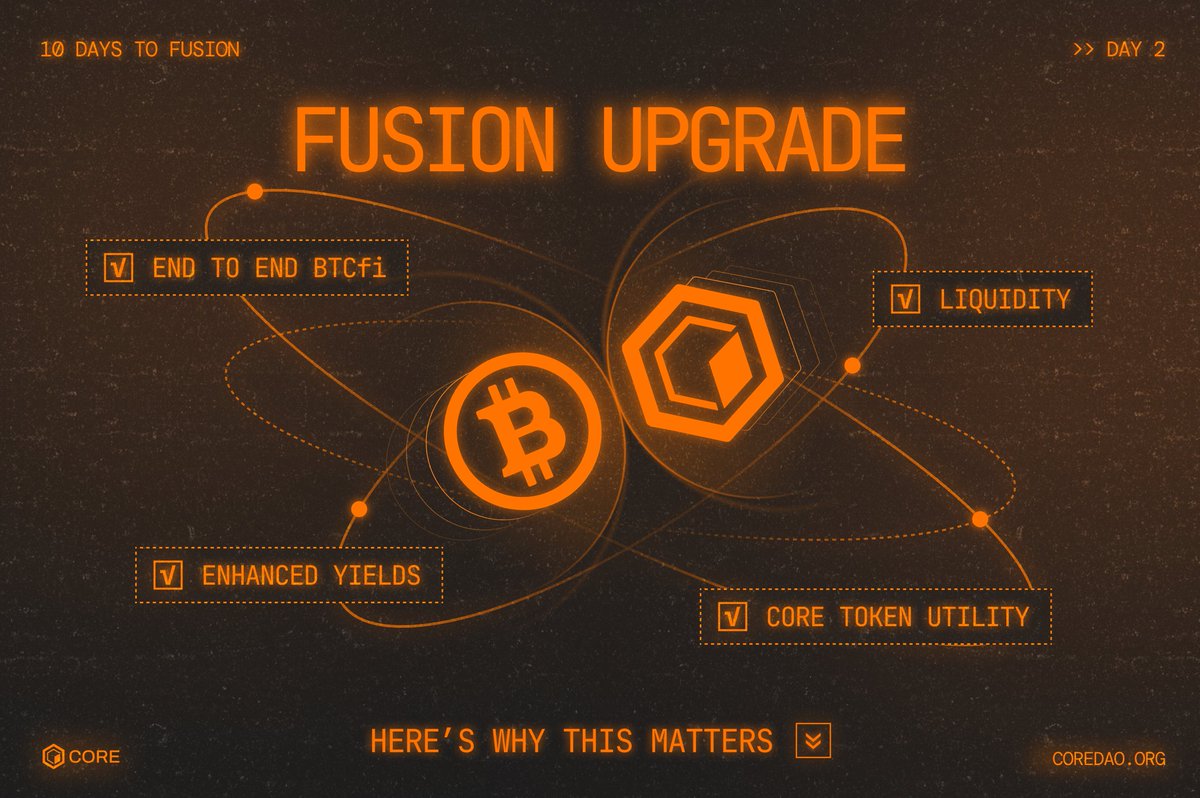 Coredao_Org's tweet photo. 🚨 Why is it called the Fusion Upgrade? 🤔

For Day 2 of "7 Days to Fusion", we will explain how this upgrade further fuses Bitcoin and Core, turning Core into the ultimate platform for Bitcoin.

With LstBTC and Dual Staking, BTCfi is about to transform. 🔶

Here’s how 👇 (1/7)