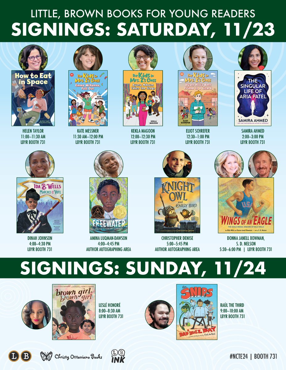 LBYR School & Library (@lbschool) on Twitter photo Are you attending #NCTE24? Mark your schedules for LBYR's many amazing signings on Saturday and Sunday in Booth 731!
<a href="/heyhelentaylor/">Helen Taylor 📚</a> <a href="/KateMessner/">katemessner</a> <a href="/KeklaMagoon/">Kekla Magoon</a> <a href="/EliotSchrefer/">Eliot Schrefer 🌈</a> @AminaLuqman <a href="/cadenise/">Christopher Denise</a> @donnajbbwrites @lesle_honore Are you attending #NCTE24? Mark your schedules for LBYR's many amazing signings on Saturday and Sunday in Booth 731!
<a href="/heyhelentaylor/">Helen Taylor 📚</a> <a href="/KateMessner/">katemessner</a> <a href="/KeklaMagoon/">Kekla Magoon</a> <a href="/EliotSchrefer/">Eliot Schrefer 🌈</a> @AminaLuqman <a href="/cadenise/">Christopher Denise</a> @donnajbbwrites @lesle_honore