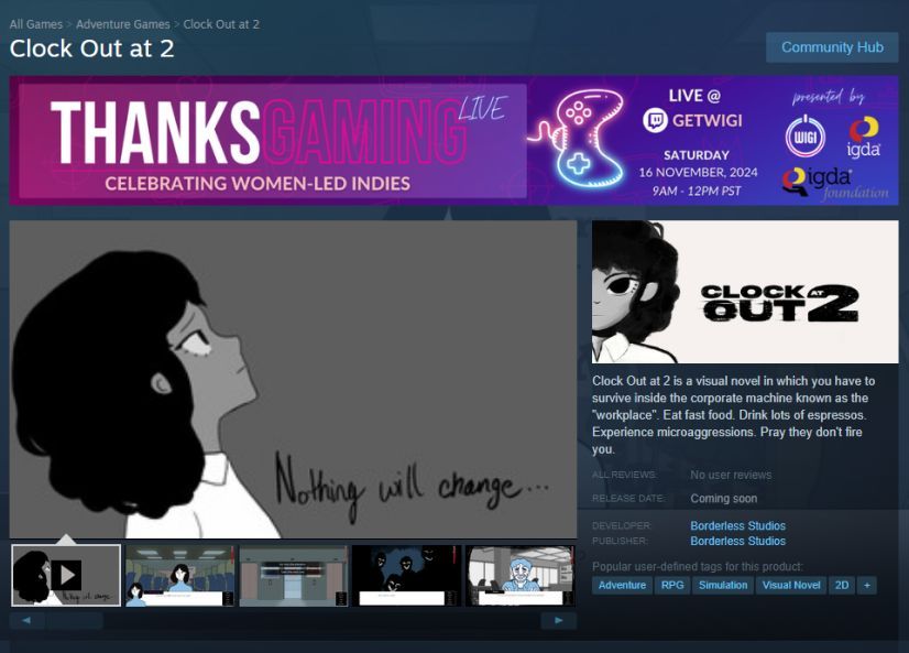 Please join our team in celebrating with these amazing women of indies!

Check out the event and also check out our newly release steam demo!😆 

Try it out here: buff.ly/40JDelS 

#thanksgaming #clockoutat2 #thanksgiving