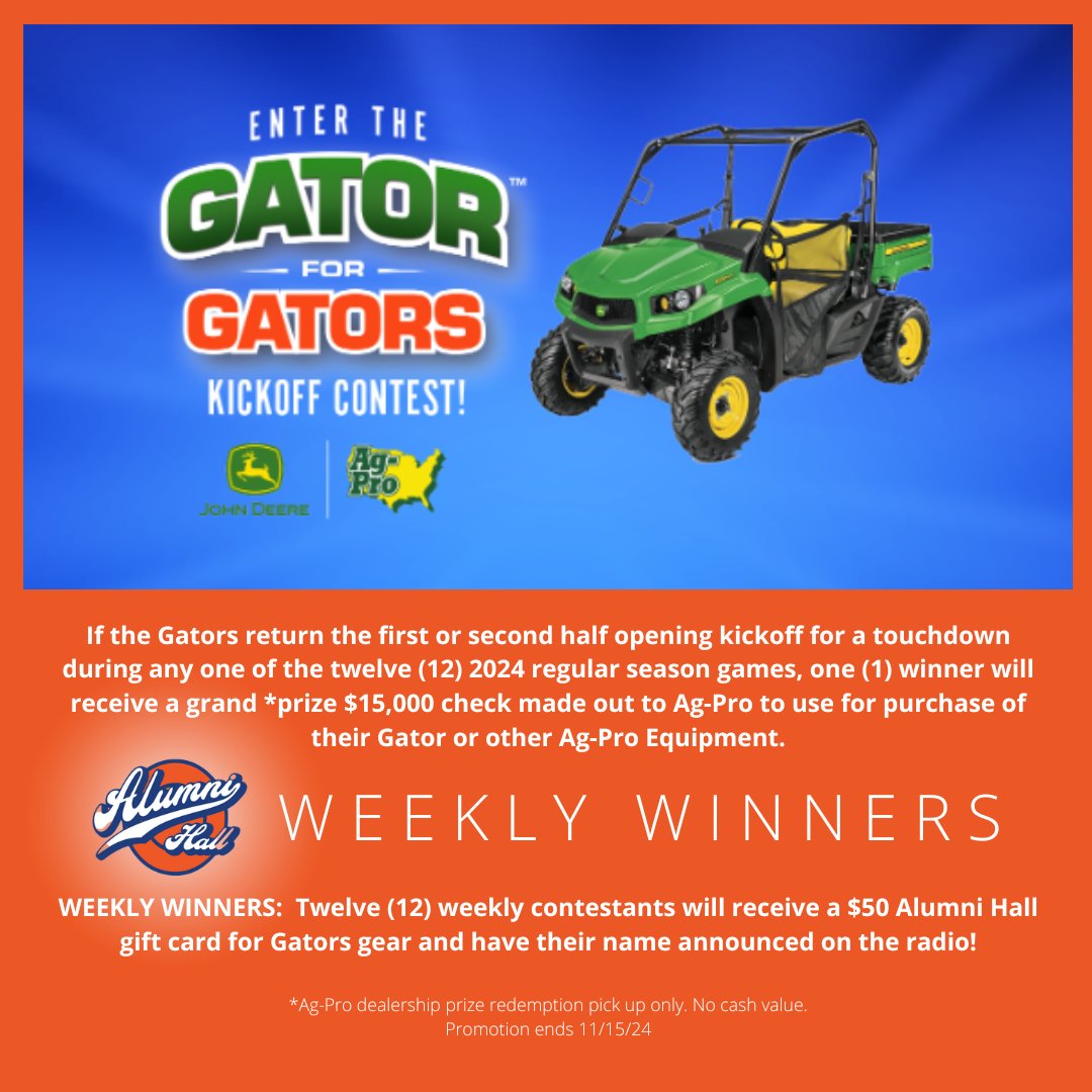 Don't miss the chance win a Gator or Alumni Hall gift card! We are giving away a $50 gift card to one contestant each week! Enter to win now! Giveaway ends 11/15. 🐊
floridagators.com/sports/2020/9/…