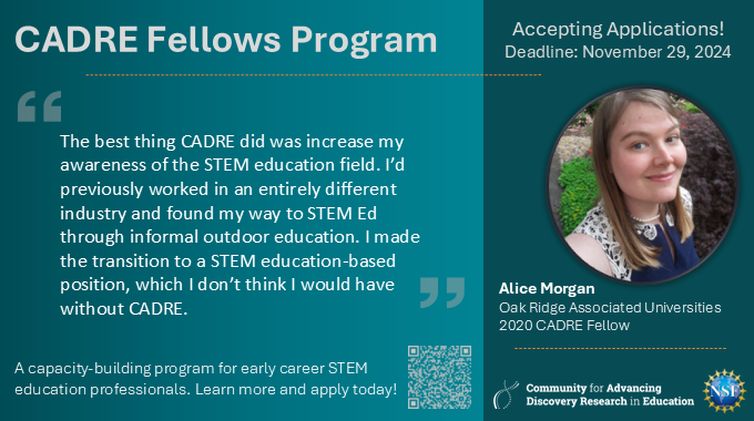 CADREK12's tweet image. Early career #STEMEd scholars in #EPSCoR jurisdictions and rural areas are invited to apply for the 2025 CADRE Fellows Program. The deadline is Nov 29. Learn more and apply at cadrek12.org/about-cadre-fe…. #EdResearch #AcademicTwitter #NSFfunded #NSFSTEM