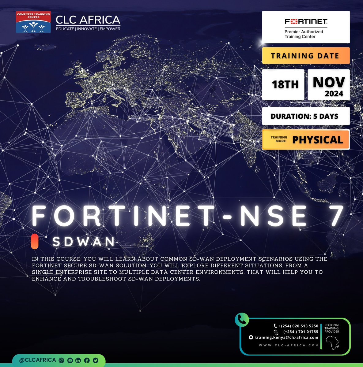 CLC_Training_'s tweet image. In this course, you&apos;ll delve into common SD-WAN deployment scenarios using the Fortinet Secure SD-WAN solution. 
Enroll today!
📞 : (+254 ) 701 01755
clc-africa.com
EDUCATE | INNOVATE | EMPOWER
#fortinet #FortinetTraining #CybersecurityShield 

© All rights reserved