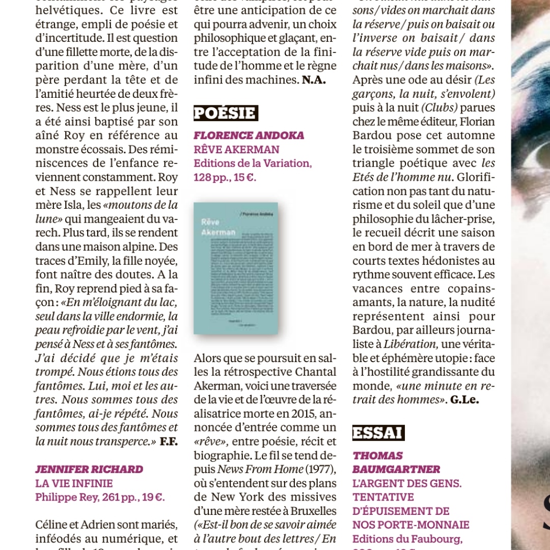 Rêve Akerman de Florence Andoka dans Libération.

#chantalakerman #livre #cinéma