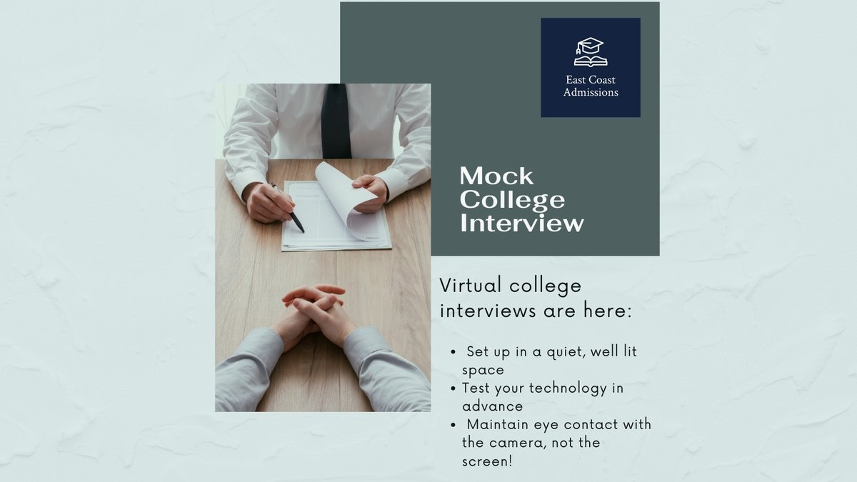 eastcoastadms's tweet image. Virtual College Interviews: Tips for Success

- Choose a quiet, well-lit space  
- Test your tech  
- Maintain eye contact with the camera  

Need help practicing? We’re here for you!

#VirtualInterviewTips #CollegeSuccess #ApplicationAdvice