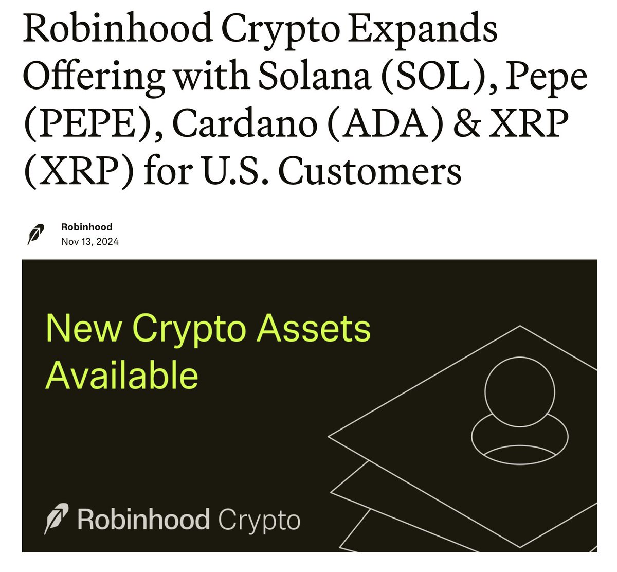 BREAKING: Robinhood $HOOD lists $SOL, $PEPE, $ADA, and $XRP. Note: Coinbase  $COIN just announced they are listing $PEPE as well.
