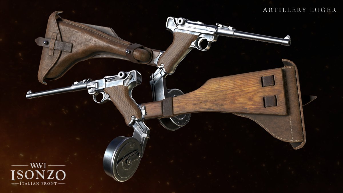 The Artillery Luger is a variant of the Luger P08 frequently used by the Stoßtruppen, filling the role of a low-powered, lightweight rifle or carbine. It features an extended barrel, a shoulder stock with a holster and often a 32-round Trommelmagazin. 

Coming to Isonzo tomorrow!