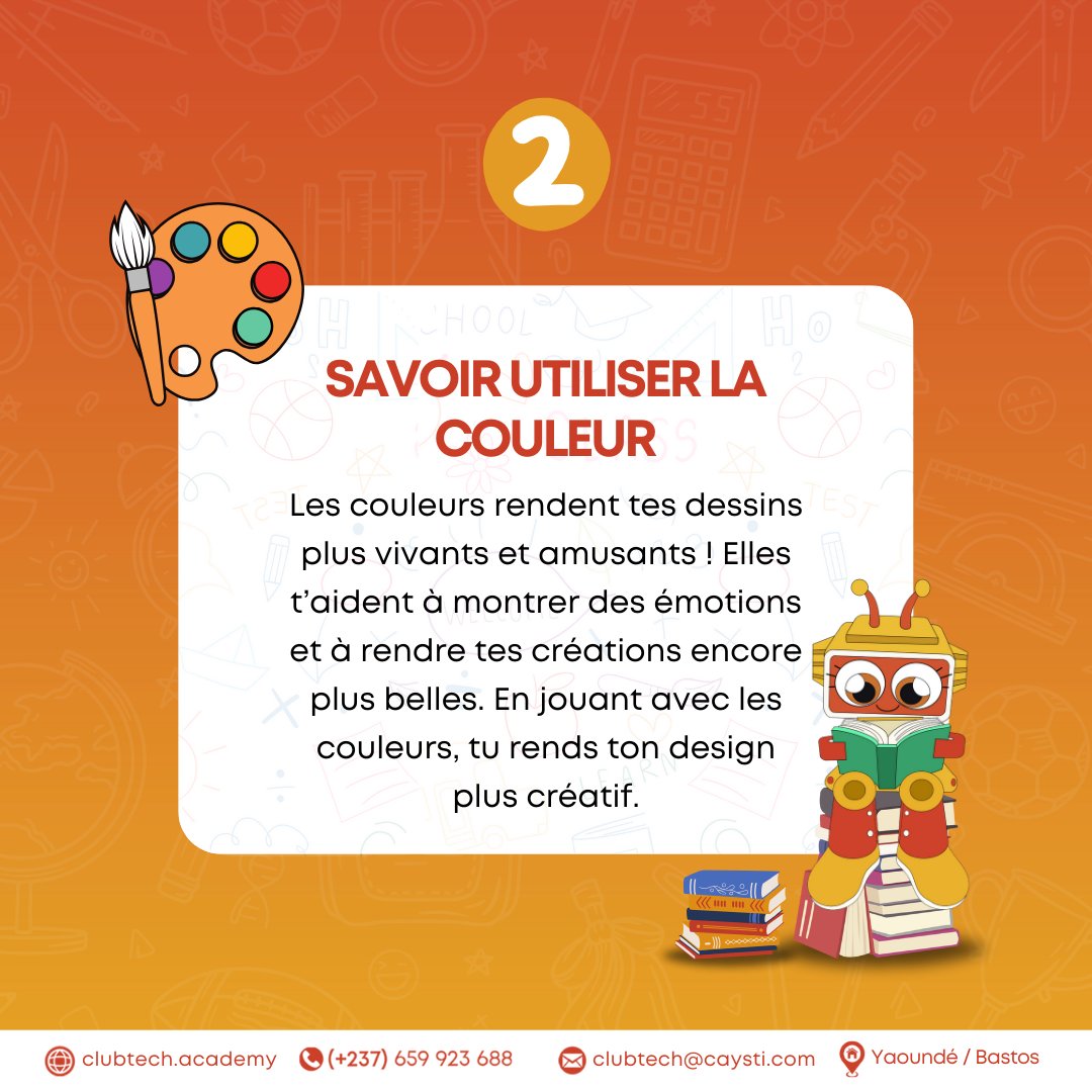 CAYSTI237's tweet photo. Quelques minis conseils pour vous mettre dans le bain de l'Art Numérique🎨🖼… Si tu veux aller plus loin, le CLUB TECH est là pour toi.
🚨Pour plus d'informations, contacter le (+237) 659 923 688
#caysti #clubtechbycaysti #educationintentionnelle #Yaounde #Cameroun https://t.co/tsQeatNtk2
