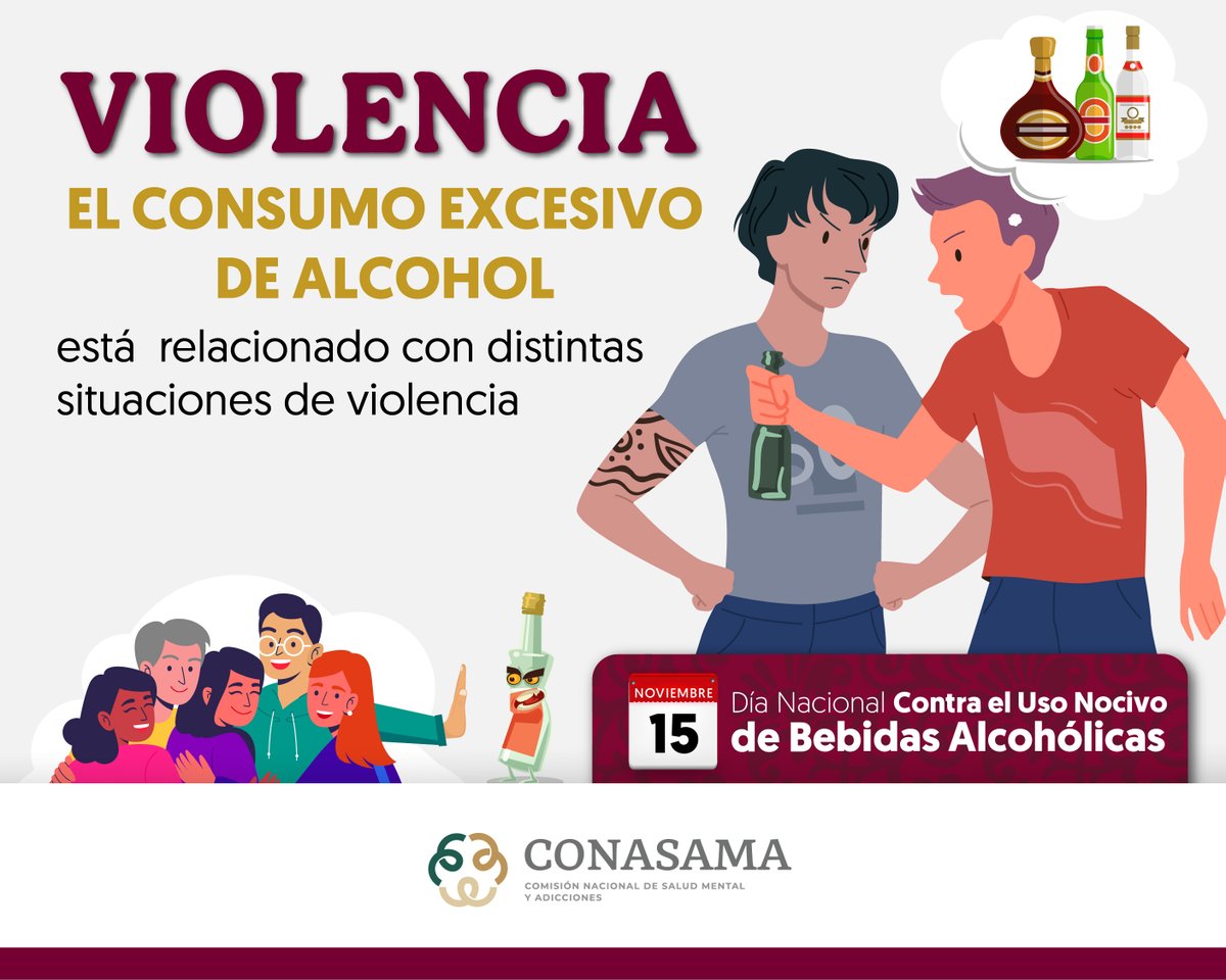 conasamamx's tweet photo. 15 noviembre I Día Nacional Contra el Uso Nocivo de Bebidas Alcohólicas

⚠️El alcohol no solo afecta tu salud, también está relacionado con las violencias.

#UsoNocivoDeAlcohol
#SiTeCuidasNosCuidas https://t.co/rmp3YP7onb