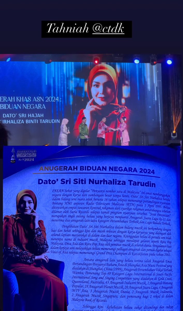 IniAlalalannn's tweet photo. ❕TERKINI❕

Siti Nurhaliza telah diabsahkan sebagai Biduanita Negara setelah menerima Anugerah Biduan Negara dalam Anugerah Seni Negara 2024. 

Anugerah ini adalah penghormatan tertinggi sepanjang 28 tahun prasasti seni gemilang Biduanita Negara Dato’ Sri Siti Nurhaliza https://t.co/ttOgbqiE3b