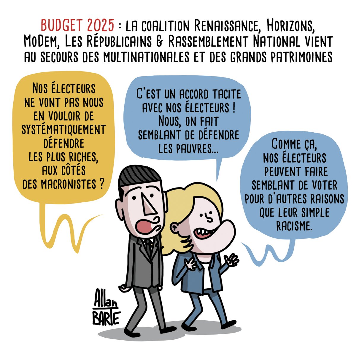 Et si certains électeurs pensent encore que le Rassemblement  National défend les pauvres, il va falloir qu'ils se penchent  sérieusement sur les votes RN à l'Assemblée Nationale...
¯|_(ツ)_/¯

Pour soutenir la lutte dessinée : 
💸 ko-fi.com/allanbarte