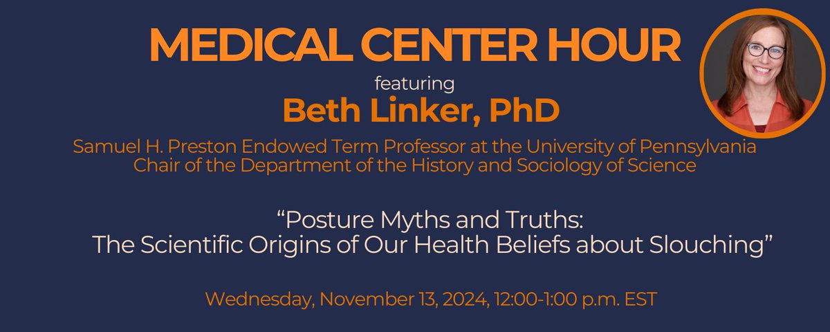 Free Zoom event today! 
"Posture Myths and Truths: The Scientific Origins of Our Health Beliefs about Slouching" featuring Beth Linker, PhD.
Wednesday Nov 13, 2024, 12-1pm EST
Zoom Link (no registration required): buff.ly/3AiolMU
