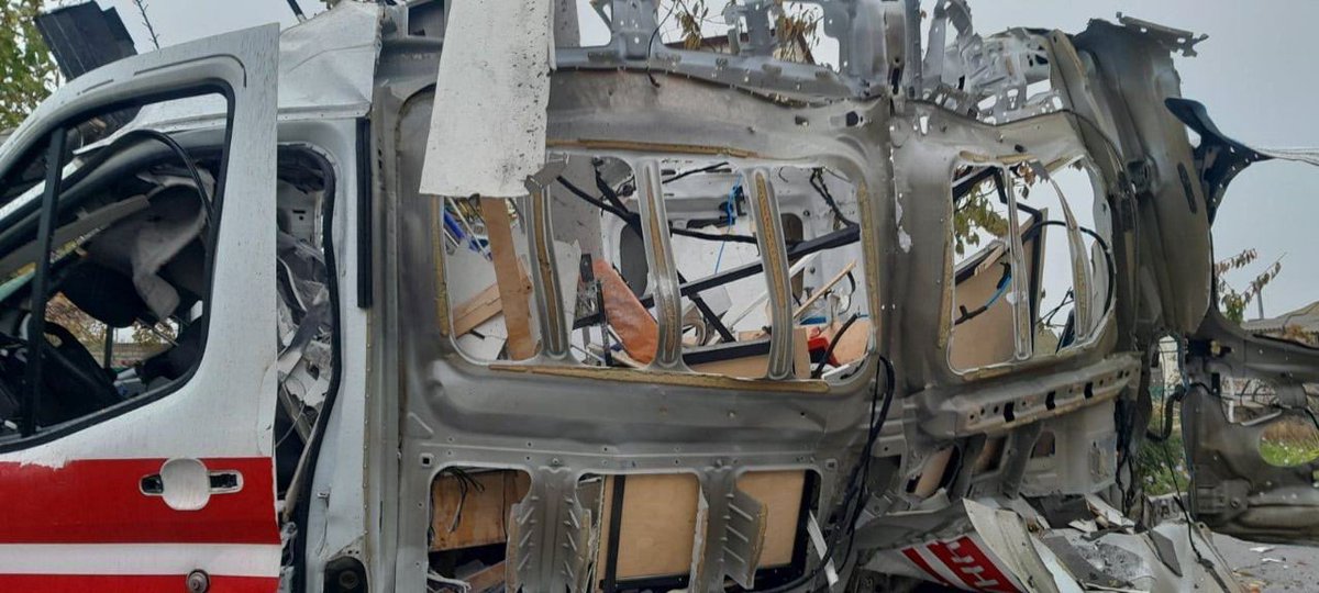 ‼️In a village in Kherson, russians just blew up an ambulance that was picking up two civilians, a 45yo man &amp; a 40yo woman that was injured from shrapnel of a drone strike on the village. The russians then dropped explosives from a drone directly to the Ambulance. War criminals!