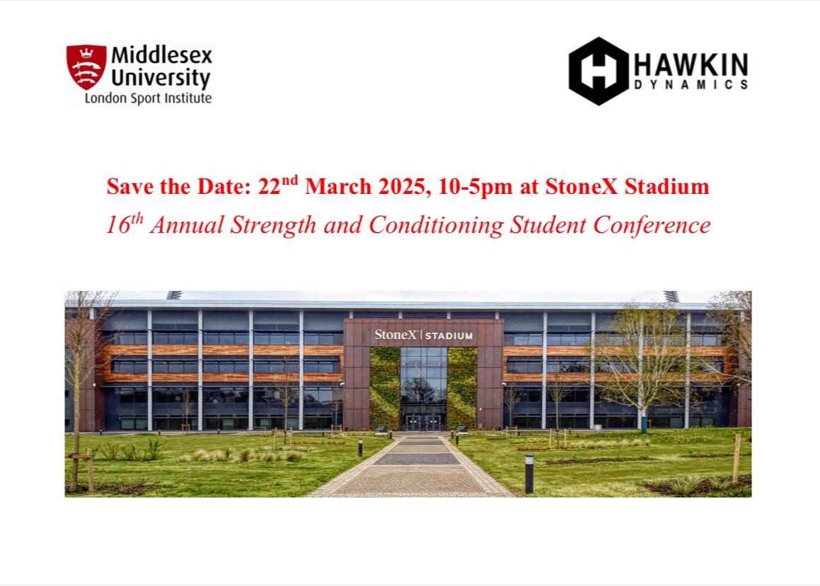 🗓️ SAVE THE DATE: 22nd March, 2025 for the 16th Annual Strength and Conditioning Student Conference. 

🏟️ For our 16th year, we will host the conference at StoneX Stadium, the home of our new labs and Saracens Rugby Club.
