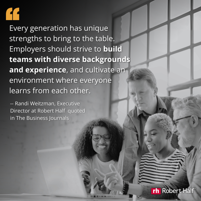 bill9941's tweet image. Here are just a few ways a #multigen team can be a competitive advantage: ➕ A range of viewpoints ➕ Well-rounded teams ➕ Mentorship and knowledge transfer Randi Weitzman, executive director at #RobertHalf in The Business Journals: rh.roberthalf.com/uhGLL
