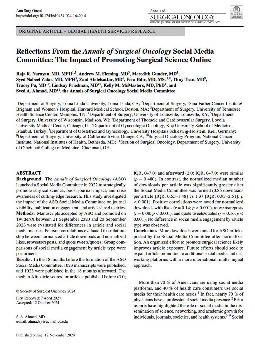 Andrew M. Fleming, MD (@andrewflemingmd) on Twitter photo Check out our recent work with the <a href="/AnnSurgOncol/">Annals of Surgical Oncology</a> #SocialMedia Committee examining the impact of promoting surgical science online! 📱
<a href="/rajarnarayan/">Raja Narayan, MD MPH</a> <a href="/MeredithGunder/">Meredith Gunder, MD</a> <a href="/NabeelZafarMD/">Syed Nabeel Zafar</a> <a href="/ZaidAbdelsattar/">Zaid Abdelsattar, MD, MS, FACS</a> <a href="/esragbilir/">Esra Bilir, MD, MSc</a> <a href="/ThuyTranMD/">Thuy Tran, MD</a> <a href="/TraceyPuMD/">Tracey Pu, MD</a> @lindSLUe <a href="/McMastersKelly/">Kelly McMasters, MD, PhD</a> <a href="/SyedAAhmad5/">Syed A. Ahmad</a> Check out our recent work with the <a href="/AnnSurgOncol/">Annals of Surgical Oncology</a> #SocialMedia Committee examining the impact of promoting surgical science online! 📱
<a href="/rajarnarayan/">Raja Narayan, MD MPH</a> <a href="/MeredithGunder/">Meredith Gunder, MD</a> <a href="/NabeelZafarMD/">Syed Nabeel Zafar</a> <a href="/ZaidAbdelsattar/">Zaid Abdelsattar, MD, MS, FACS</a> <a href="/esragbilir/">Esra Bilir, MD, MSc</a> <a href="/ThuyTranMD/">Thuy Tran, MD</a> <a href="/TraceyPuMD/">Tracey Pu, MD</a> @lindSLUe <a href="/McMastersKelly/">Kelly McMasters, MD, PhD</a> <a href="/SyedAAhmad5/">Syed A. Ahmad</a>