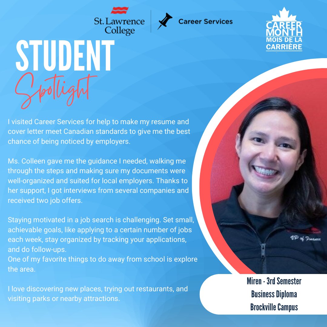 STUDENT SPOTLIGHT ALERT! 🚨🫨

🎉 Celebrating Miren! 🎉

Today, we’re highlighting the inspiring journey of Miren, a third-semester business student on the Brockville campus. 😊✨

#SLCCareerServices #StudentSuccess #Brockville #CanadaCareerMonth #slcstudents #slcgrads