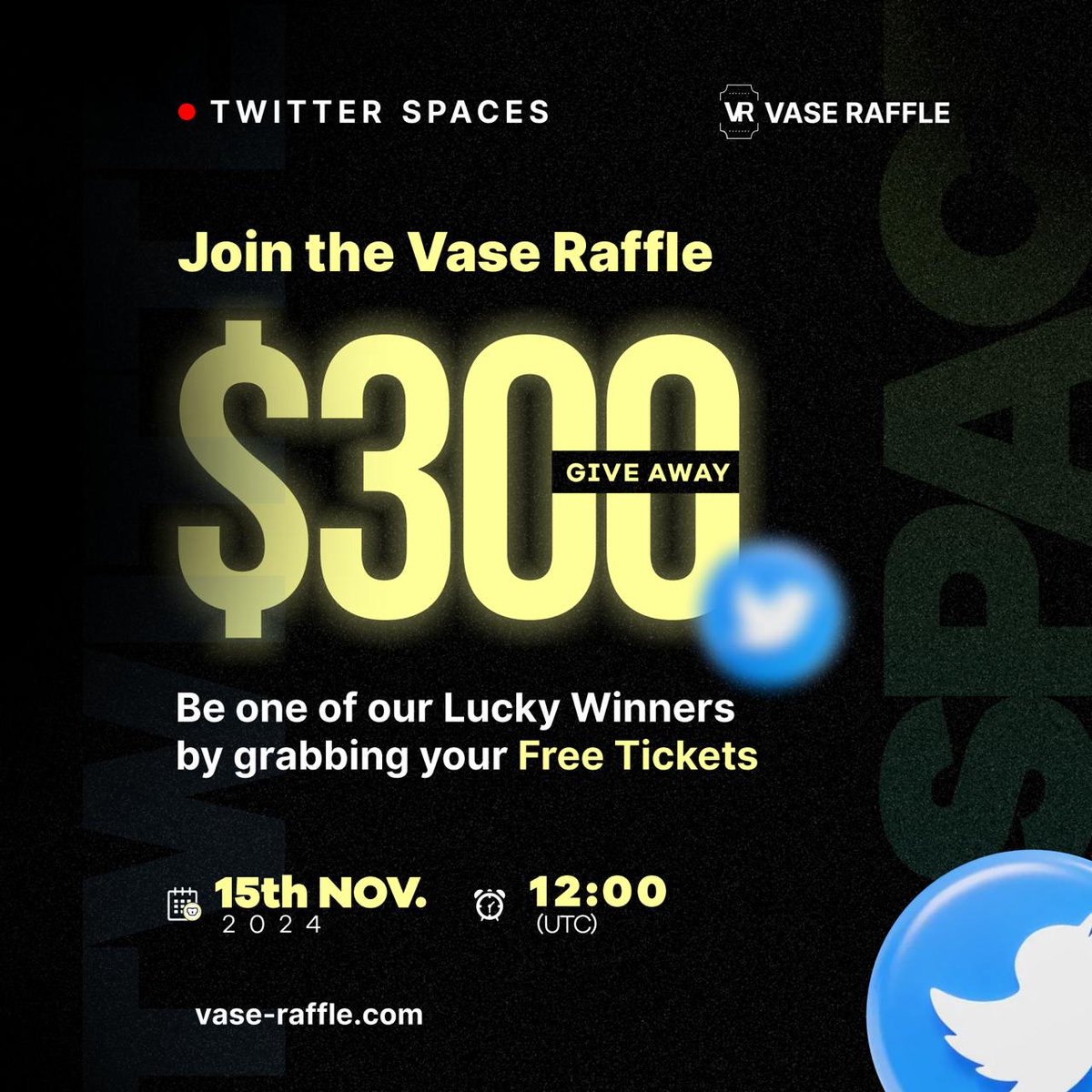 Join the Vase Raffle $300 Giveaway! 

Be one of our lucky winners by grabbing your free ticket! 🎟️🎫

Join here: x.com/i/spaces/1zqKV… 

Time: 12:00 UTC
Date: Fri. 15th Nov. 2024.

Retweet, Like, Comment and tag 5 friend. 

Don't miss out 🚀
<a href="/PlatON_Network/">PlatON</a>