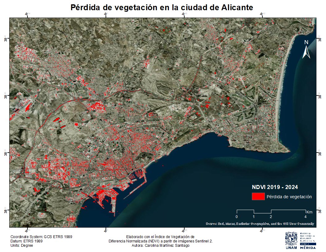 GeoEnYucatan's tweet photo. #30daymapchallenge: Nueva herramienta (1). Geóg. Carolina Martínez Santiago. Mapa elaborado con Google Earth Engine + imágenes Sentinel 2 mediante el análisis del NDVI para identificar la pérdida de vegetación en un periodo de 5 años (2019 - 2024) en la ciudad de Alicante... https://t.co/oPOaEfxAXY