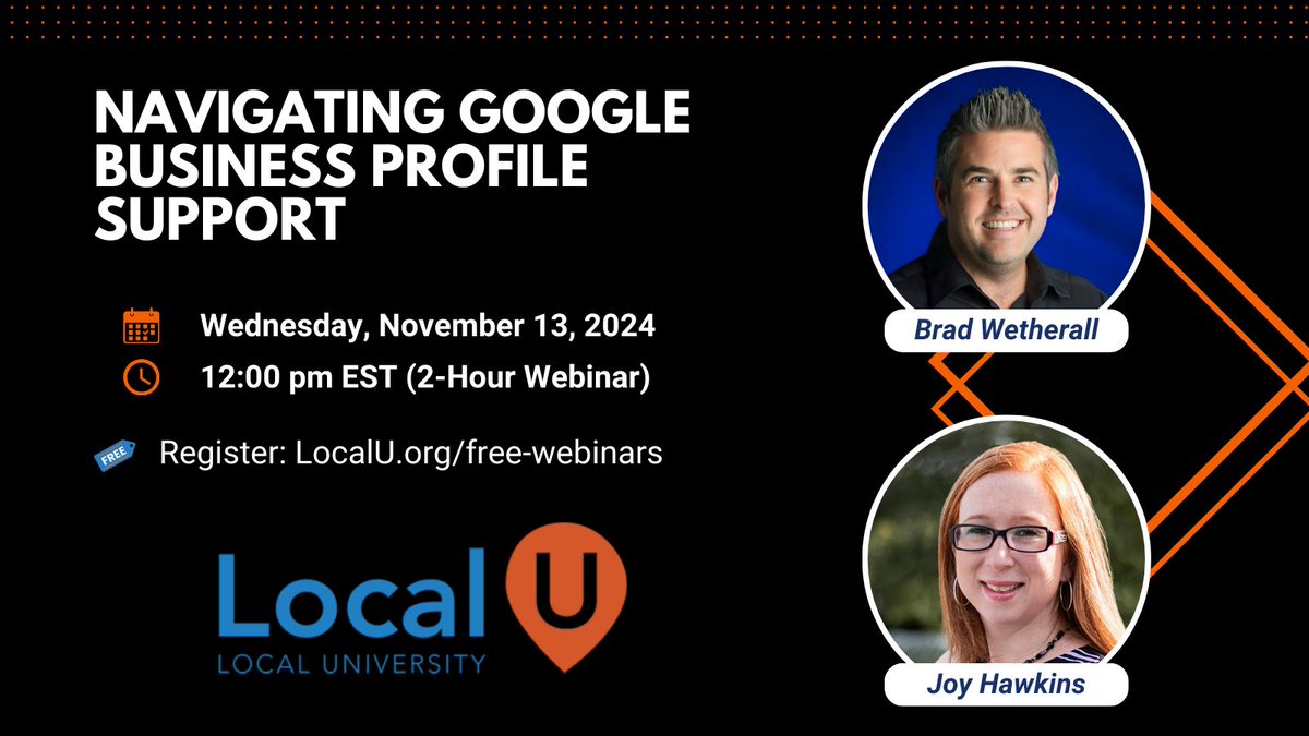 Local University (@localuniv) on Twitter photo Today is the Day!
Even if you can't attend - Register to get OnDemand access!
😤 Struggling with Google Business Profile Support?
Noon today ET - Join <a href="/JoyanneHawkins/">Joy Hawkins</a> & ex-Googler <a href="/bradels12/">Brad Wetherall</a> are sharing top tips to Navigate, Master & Manage your GBP
🔗 localu.org/navigating-gbp… Today is the Day!
Even if you can't attend - Register to get OnDemand access!
😤 Struggling with Google Business Profile Support?
Noon today ET - Join <a href="/JoyanneHawkins/">Joy Hawkins</a> & ex-Googler <a href="/bradels12/">Brad Wetherall</a> are sharing top tips to Navigate, Master & Manage your GBP
🔗 localu.org/navigating-gbp…