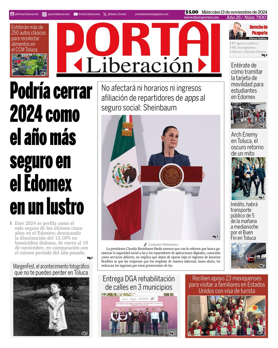 Diario_Portal's tweet image. ☀️ #Buenos_días a todos📷 Excelente #miércoles 📷
#PRIMERA #PLANA 

📷No afectará ni horarios ni ingresos #afiliación de #repartidores de apps al seguro social: #Sheinbaum.  

 📷@margenfest , el acontecimiento  que no te puedes perder en #Toluca.

diarioportal.com