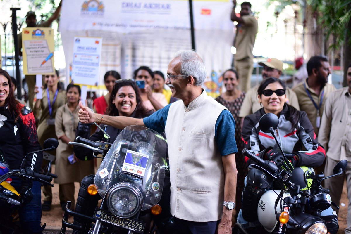 IndiaPostOffice's tweet photo. Women on Wheels – Reviving the Joy of Letter Writing! 14 women embark on a bike rally to bring back the timeless art of letter writing with 'Dhai Akhar.' Flagged Off by Shri S. Rajendra Kumar, CPMG Karnataka from Bangalore.

#LettersAndTravels #DhaiAkhar #SandeshToScindia #IndiaPostxLetsryde
#AllWomenBikeRally #Bikeriders