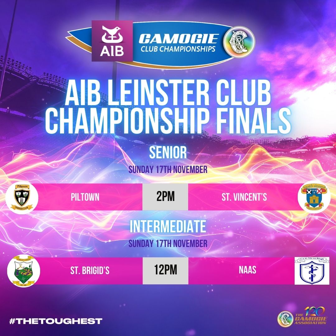 This Sunday 17th November sees the AIB Leinster Senior and Intermediate Club Championship Finals take place. 🎉

🟠Senior🟠
Piltown 🤝 St. Vincent's
⏰2pm
📍Glenisk O'Connor Park, Tullamore

🔵Intermediate🔵
St. Brigid's 🤝 Naas
⏰12pm
📍Glenisk O'Connor Park, Tullamore