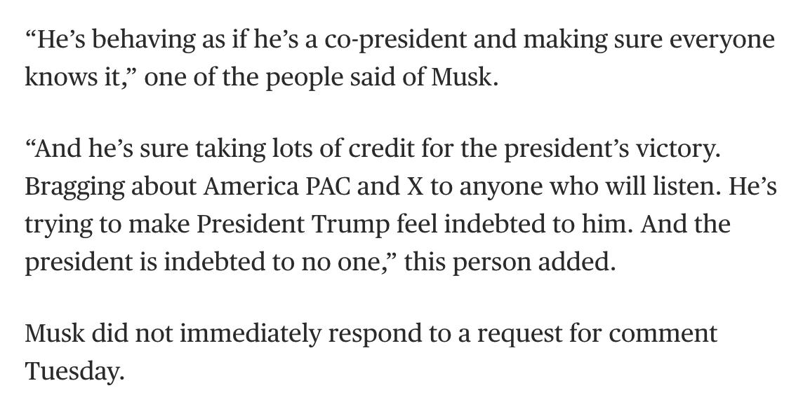GrablyR's tweet photo. "Il se comporte comme un co-président".

Au sein de l'équipe de Trump, l'omniprésence de Musk commence déjà à irriter, rapporte NBC News. https://t.co/i5RlF7juP1