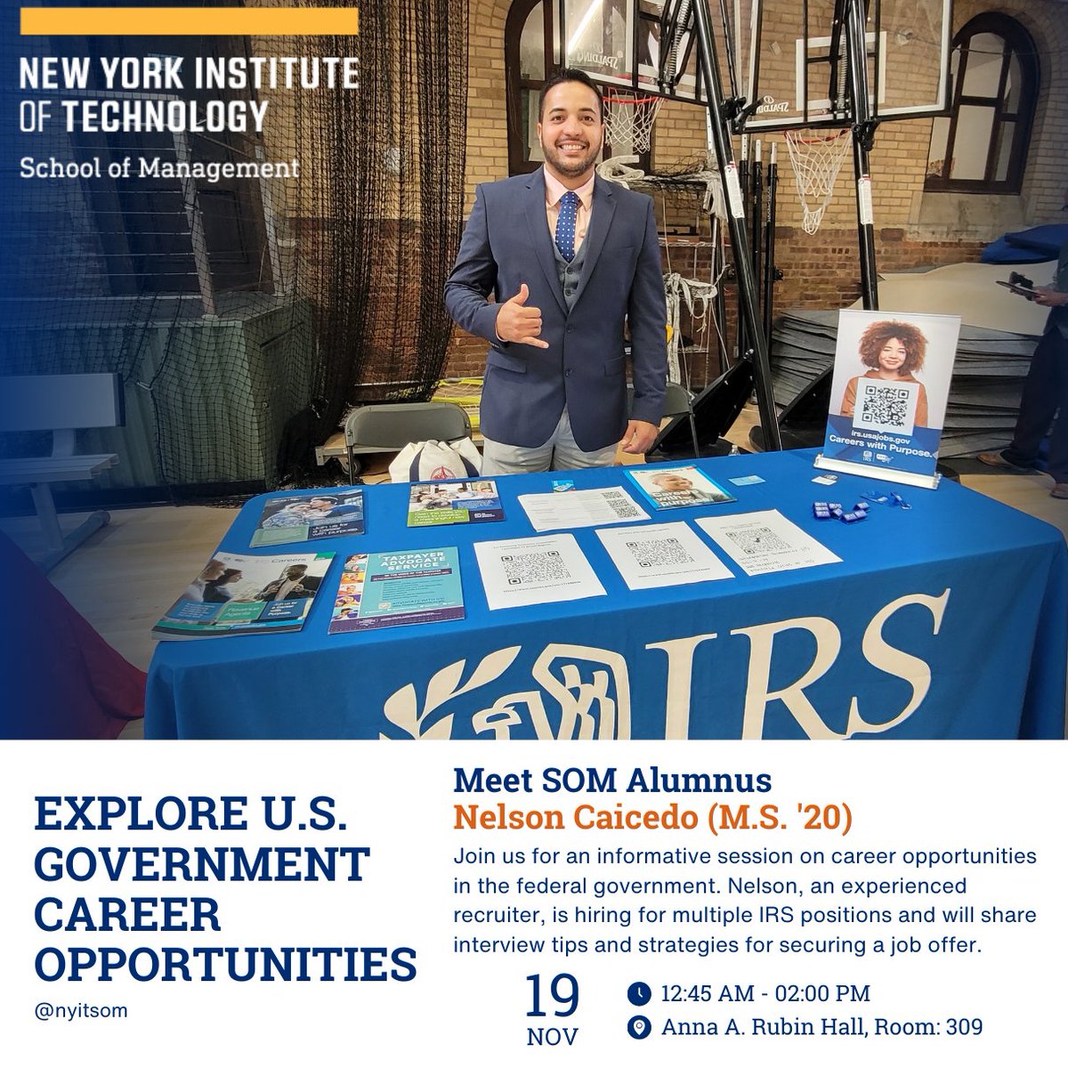NYITSOM's tweet photo. Join us for an exclusive session with Nelson Caicedo (M.S. '20), our alumnus &amp; experienced IRS recruiter, as he shares key strategies to land your next opportunity and advance your career. Don't forget to bring your CV! https://t.co/PJCTkf6A2H