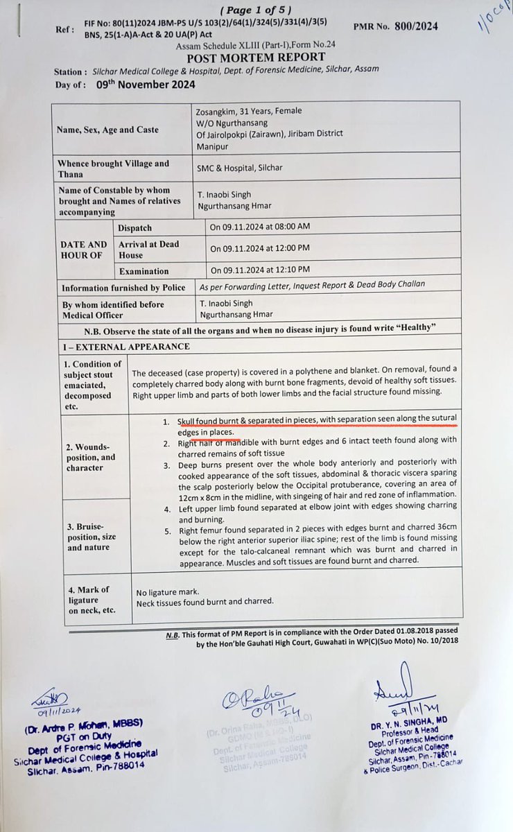 kso_shillong's tweet photo. #Manipur_violence 
#MeiteiAtrocities 
#JiribamKukiZoMassacre 
‼️‼️‼️

The post mortem report of Mrs. Zosangkim reveals the bone chilling details of physical abuse her body was subjected to after she was burnt beyond recognition. 
One can only imagine the ordeal she must’ve have gone through in the final moments of her life. 
When you degrade women, you degrade humanity itself.
Time and again women have been targeted, raped, tourtured and killed in this ongoing conflict. The meitei militants have disrespected, toyed and made a mockery of our women time and time again!

Mrs. Zosangkim was someone’s mother, Olivia and Florence were both someone’s beloved daughters, the two women paraded naked were someone’s sisters, Mrs. Nengjakhol was someone’s beloved wife, Pi Deikhokim was someone’s grandmother! They are just some of the many victims of meitei brutality 
The downfall of any nation begins the moment it stops respecting its women and their rights."

‼️Women’s Bodies are not your Battlefield❌

@AmitShah 
@RahulGandhi 
@thewire_in 
@the_hindu 
@narendramodi 
@crpfindia
