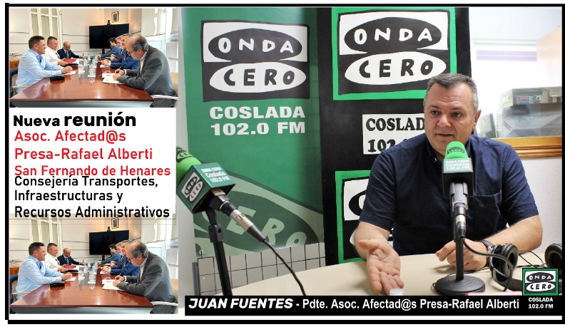 NUEVA REUNIÓN ASOCIACION AFECTAD@S PRESA-RAFAEL ALBERTI por L7B Metro
San Fernando de Henares
con CONSEJERIA TTES., INFRAESTRUCTURAS, RECURSOS ADMINISTRATIVOS CAM.
Juan Fuentes, pdte Asociación y afectado nos cuenta como fue.
fb.watch/vQrToK2w62/

<a href="/OndaCeroCoslada/">Onda Cero Coslada</a> 102.0 FM