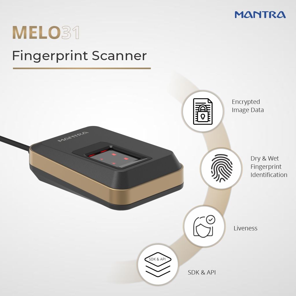 Enhance logical access control with MELO31 by Mantra. Encrypted image data, liveness detection, and dry/wet fingerprint ID, plus SDK &amp; API integration for tailored biometric solutions.

#Mantratec #Biometrics #FingerprintScanner #SecureAuthentication