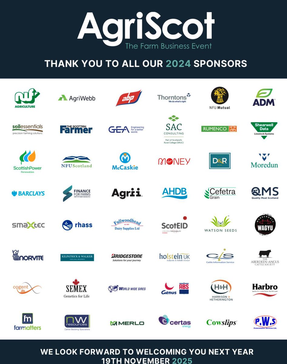 🤩#AgriScot24…over and out! WOW what an event!

Thank you to our fabulous sponsors for your very generous support. 

We look forward to welcoming you next year - Wednesday 19 November 2025 📅👋