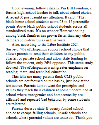 Parents deserve state &amp; county funded school choice to escape failing schools, unsafe schools, and schools where parental values are undercut. Here's my two-minute speech to the CMS school board on 12 Nov 24. #SaveCMS