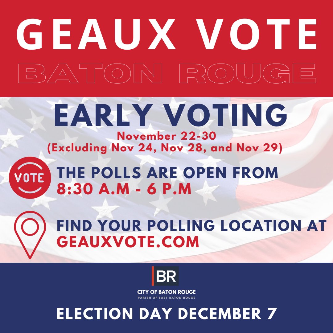 MayorBroome's tweet photo. Early voting for December 7 election is open from November 22-30 (excluding November 24, 28, and 29) from 8:30 a.m. to 6 p.m. Local elections shape our community—make your voice heard and then get back to celebrating the season. Visit https://t.co/ScpBpNVyfB for more info. https://t.co/eFI54RyG1R