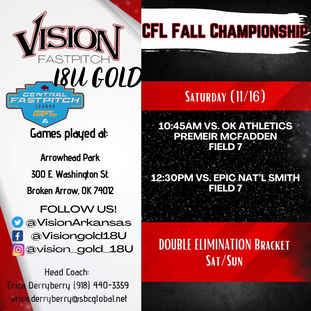 VisionGold18U (@visionarkansas) on Twitter photo Hitting the field ONE more time this fall this weekend in Broken Arrow! Come check our group out! <a href="/thealliancefp/">The Alliance Fastpitch</a> <a href="/FastpitchVision/">Vision Fastpitch</a> Hitting the field ONE more time this fall this weekend in Broken Arrow! Come check our group out! <a href="/thealliancefp/">The Alliance Fastpitch</a> <a href="/FastpitchVision/">Vision Fastpitch</a>