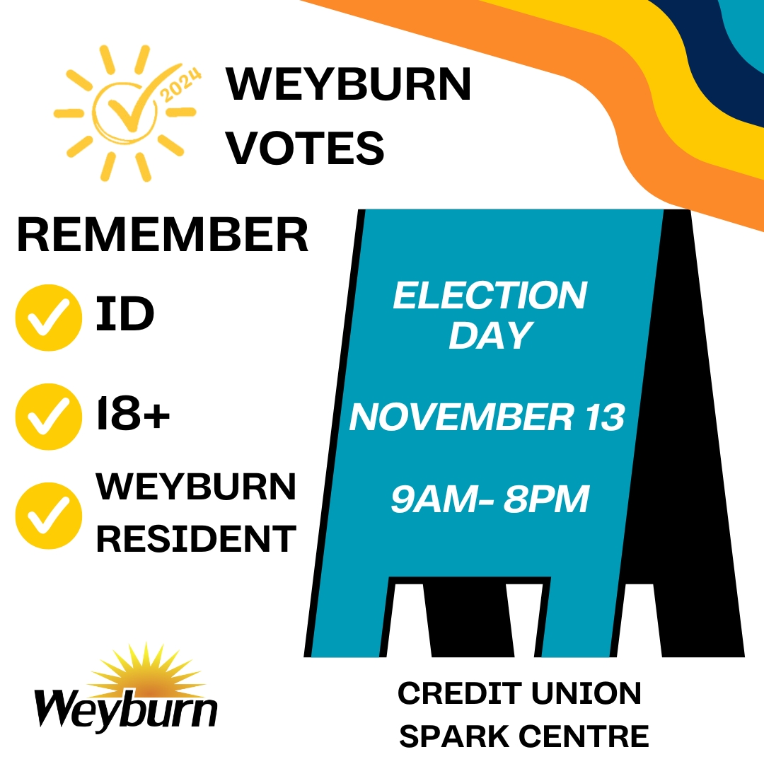 It’s Election Day, Weyburn!

The candidates have shared their visions—now it’s your turn to decide the future of Weyburn City Council. Polls are open from 9 AM to 8 PM at the Credit Union Spark Centre.

Make your voice heard—every vote counts!

#Weyburnvotes