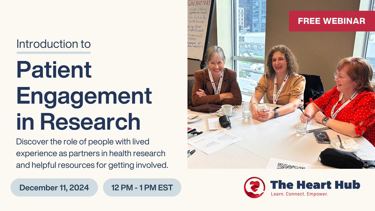📢 Curious about the role of people with lived experience (PWLE) in #heartresearch? Join Heart Hub on Dec 11 at 12-1 pm to learn from PWLE partners &amp; #researchers on #patient roles, #engagement frameworks, and ways to get involved!

🔗 Register: ow.ly/CUXs50U61VB