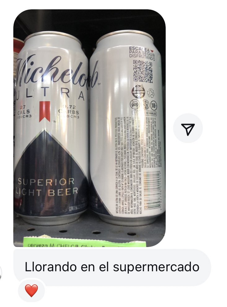 Amo que me cuenten cuando encuentran las Michelob Ultra Sin Gluten. 
Los amo 💙✨